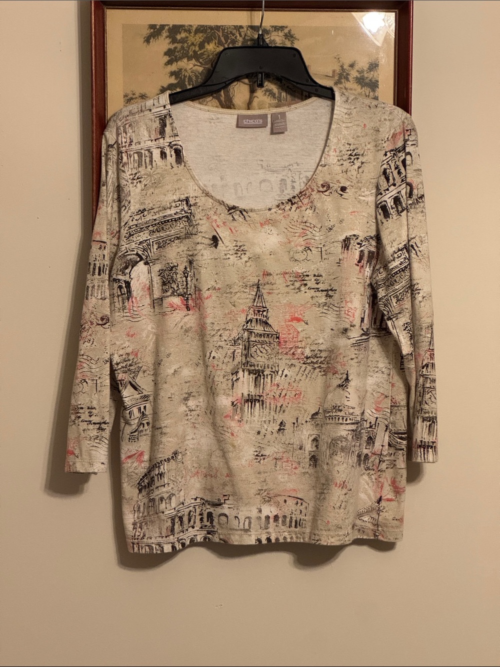Chico's Cream Printed Scoop Neck Long Sleeve Top with Pink & Black Accents